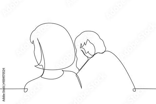 Woman looking from the side at the woman sitting next to her, who is not looking at her - single line vector art. Concept envy, falling in love, authority, desk neighbor, falling in love, stalker