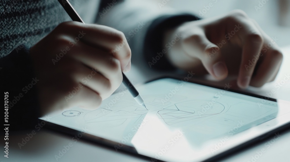 A person sketches on a tablet with a stylus, showcasing digital art creation. A person sketches on a tablet with a stylus, showcasing digital art creation.