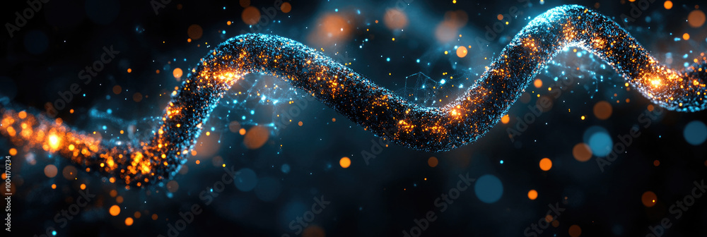 An abstract composition showing a twisting stream of particles, illuminated by small glowing orbs, creating a captivating night scene An abstract composition showing a twisting stream of particles, illuminated by small glowing orbs, creating a captivating night scene