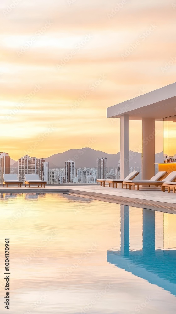 Fototapeta premium A rooftop infinity pool overlooking a city skyline at sunset, with lounge chairs and a bar, epitomizing luxurious affluence