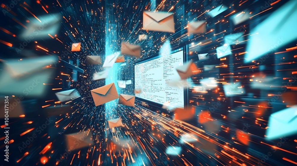 Bursting Emails Flowing from Vibrant Digital Monitor Bursting Emails Flowing from Vibrant Digital Monitor