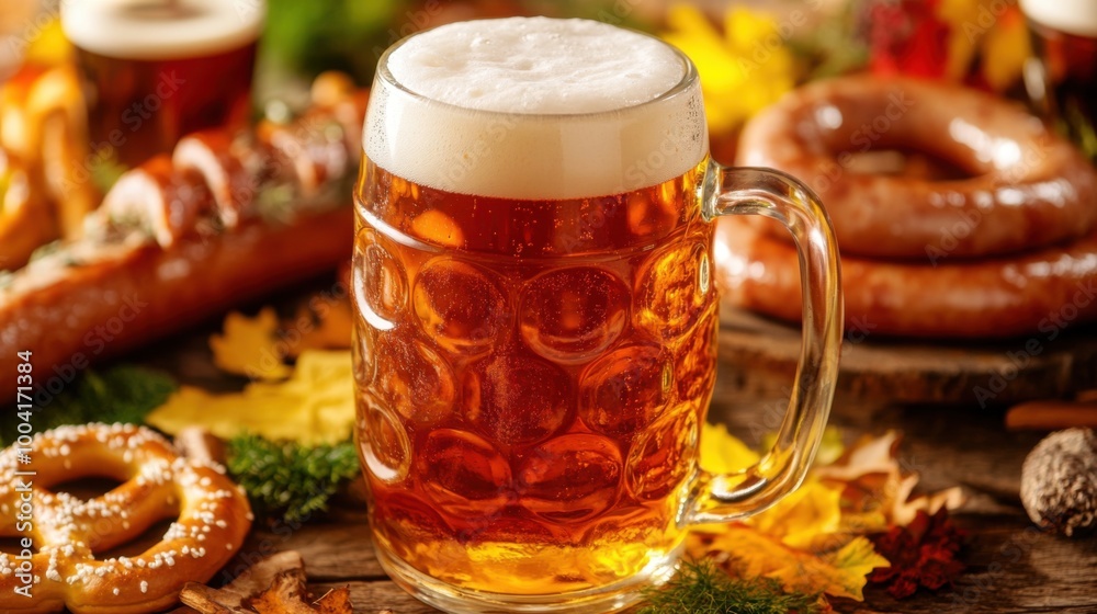 a closeup of a frothy beer in a glass stein placed on a wooden table surrounded by traditional German sausages pretzels mustard and Oktoberfest decorations captured in vibrant colors