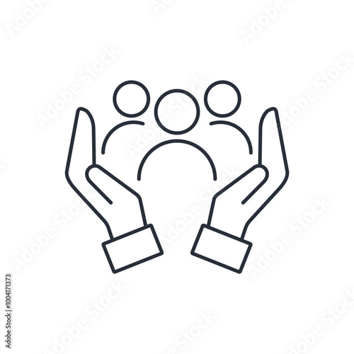 Two arms embrace a group of people. Inclusion social equity . Help, support, gender equality, community care. Vector linear icon isolated on white background. 