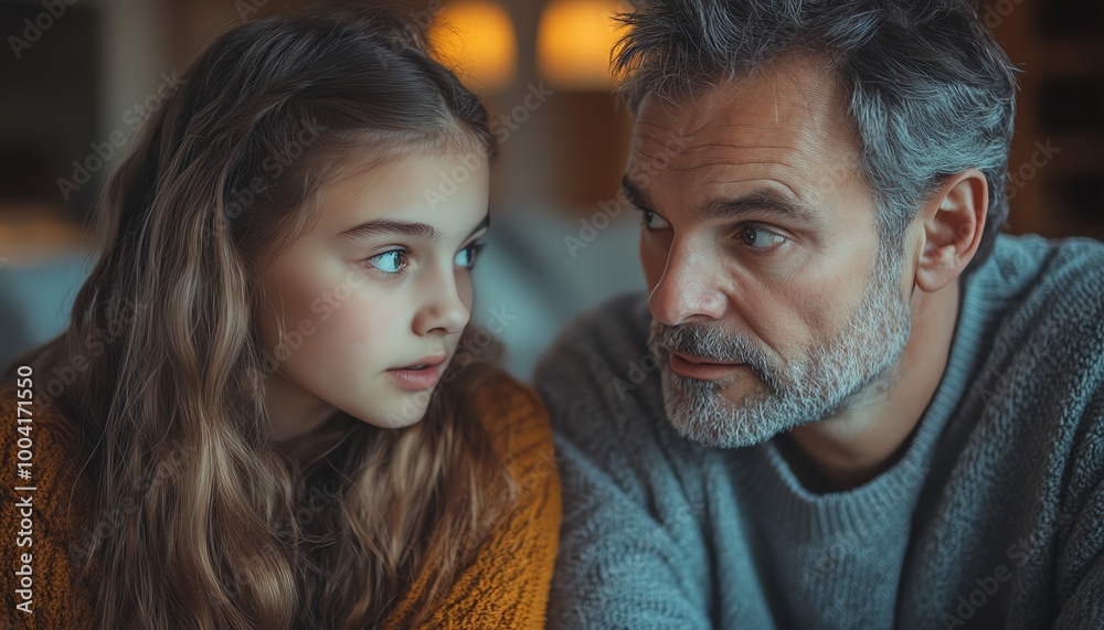 Obraz premium Father lecturing teenage daughter, stern look, daughter with a troubled expression, emotional family discussion, home setting