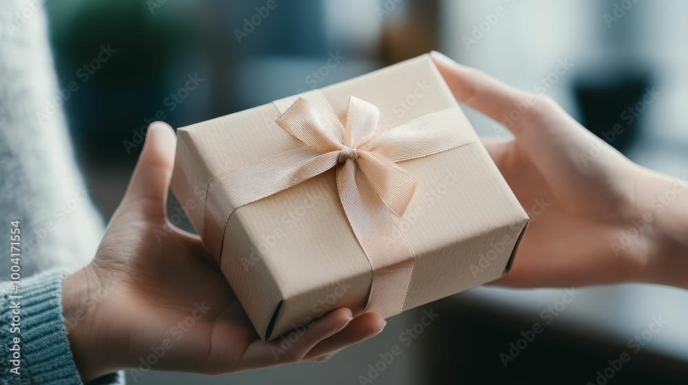 A close-up of a beautifully wrapped luxury gift box being handed from one person to another, adorned with a satin ribbon, symbolizing the joy of giving A close-up of a beautifully wrapped luxury gift box being handed from one person to another, adorned with a satin ribbon, symbolizing the joy of giving