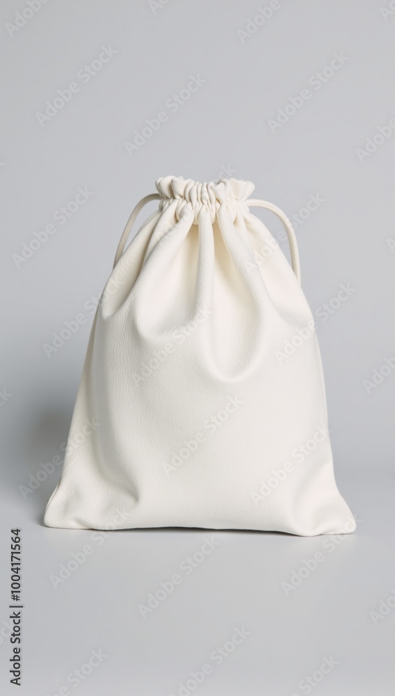 Isolated white drawstring bag against a light grey backdrop Isolated white drawstring bag against a light grey backdrop