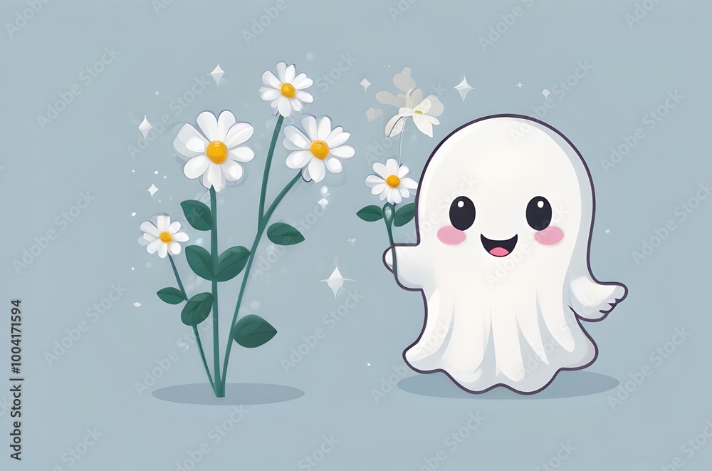 Obraz premium Adorable Ghost with Daisies in a Magical Garden