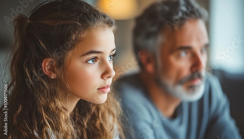 Father lecturing teenage daughter, stern look, daughter with a troubled expression, emotional family discussion, home setting