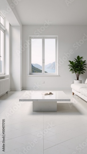 A minimalist 3D illustration showcasing a white empty Scandinavian-style room