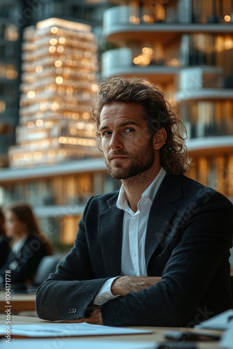 A focused individual with curly hair sits at a conference table in a contemporary office, surrounded by an urban cityscape on a bright day