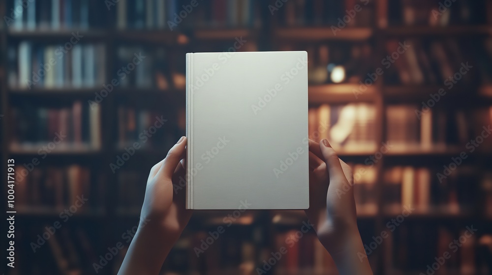 Hands Holding Book with Blank White Cover in Library Hands Holding Book with Blank White Cover in Library
