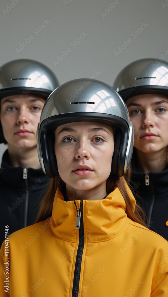 Students wearing sleek retro-futuristic helmets Students wearing sleek retro-futuristic helmets