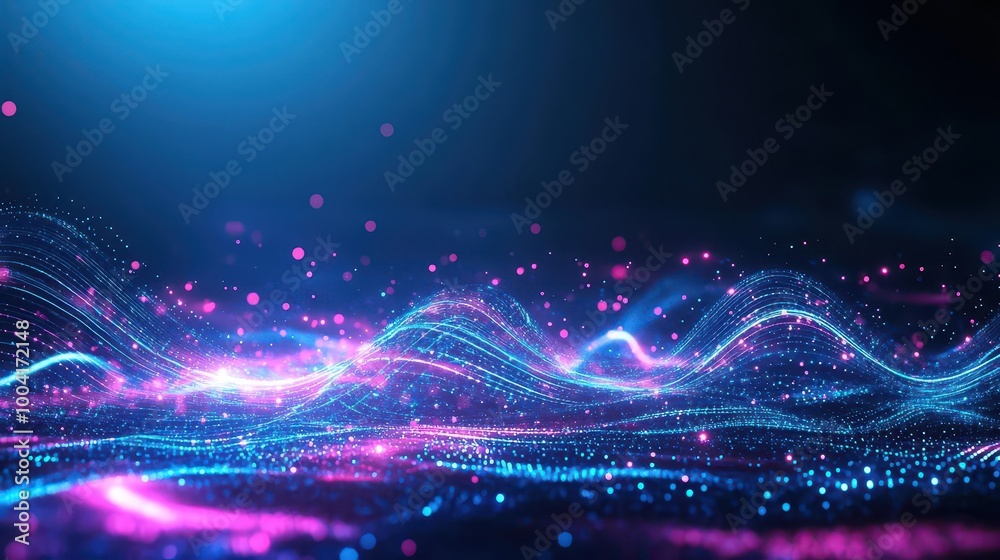 Abstract dark blue background with neon holographic waves, glowing particles, and subtle light beams, 3D rendering, futuristic, vibrant yet calming Abstract dark blue background with neon holographic waves, glowing particles, and subtle light beams, 3D rendering, futuristic, vibrant yet calming