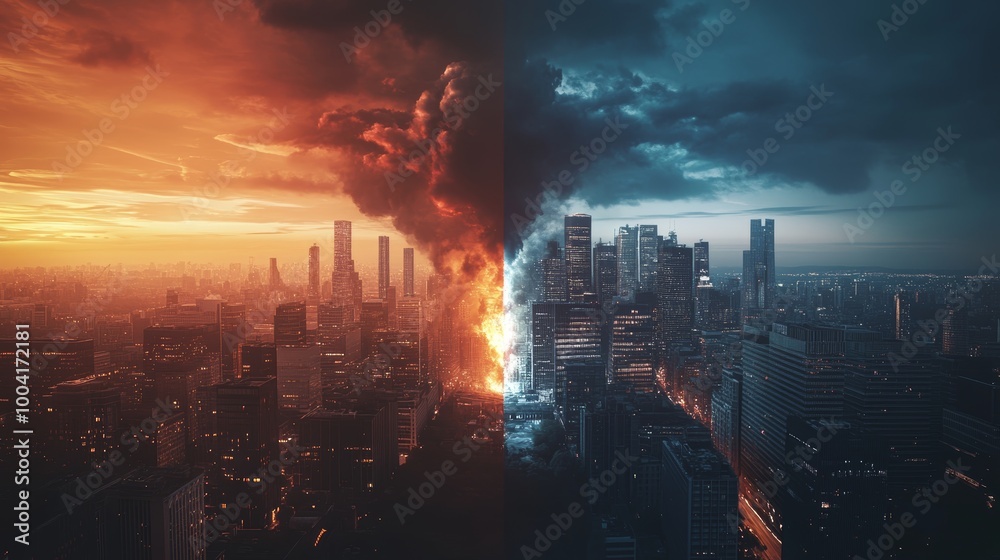 City Divided by Fire and Smoke. City Divided by Fire and Smoke.