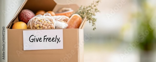 A close-up of a large donation box filled with food and supplies, with a sign that reads 