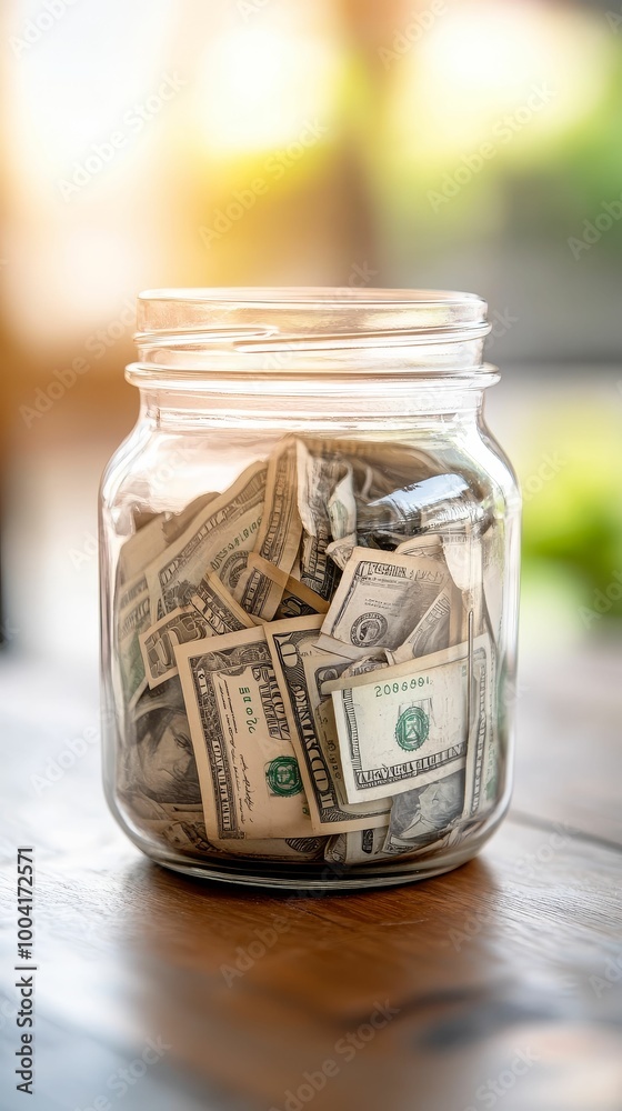A close-up of a charity donation jar overflowing with cash, showing the outpouring of support from the community A close-up of a charity donation jar overflowing with cash, showing the outpouring of support from the community