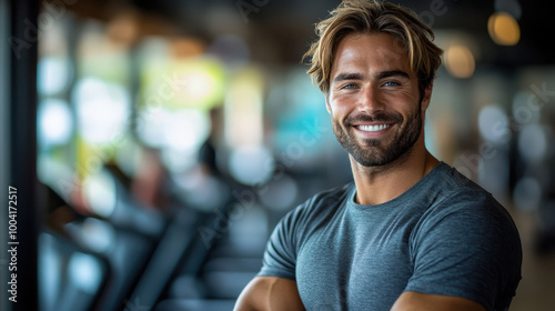 Handsome young man smiling confidently in a bright, modern gym, standing with his arms crossed. Health and fitness motivation, positive energy, and workout success.