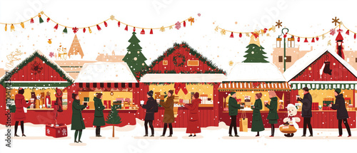 A festive holiday market scene with people shopping, decorated stalls, Christmas trees, and a snowy atmosphere.