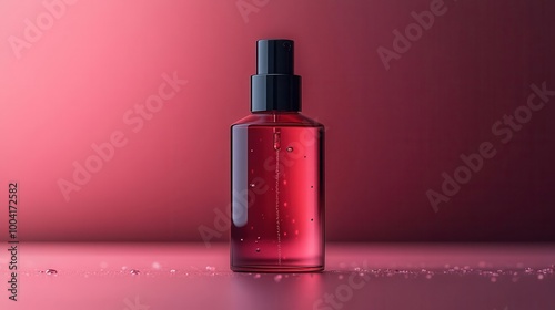 elegant black cosmetic bottle filled with pink liquid stylishly placed on a smooth pink surface exuding a sense of luxury and beauty perfect for a modern beauty product