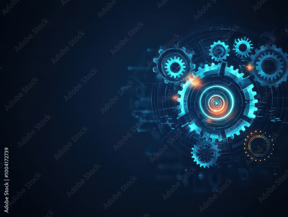 Abstract dark blue background with gears forming a spiral, neon highlights, smooth gradients, futuristic mechanical theme, illustration Abstract dark blue background with gears forming a spiral, neon highlights, smooth gradients, futuristic mechanical theme, illustration