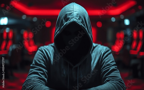 Hooded man in black, casino backdrop, attractive and menacing, sinister and dark atmosphere, horror filminspired scene photo