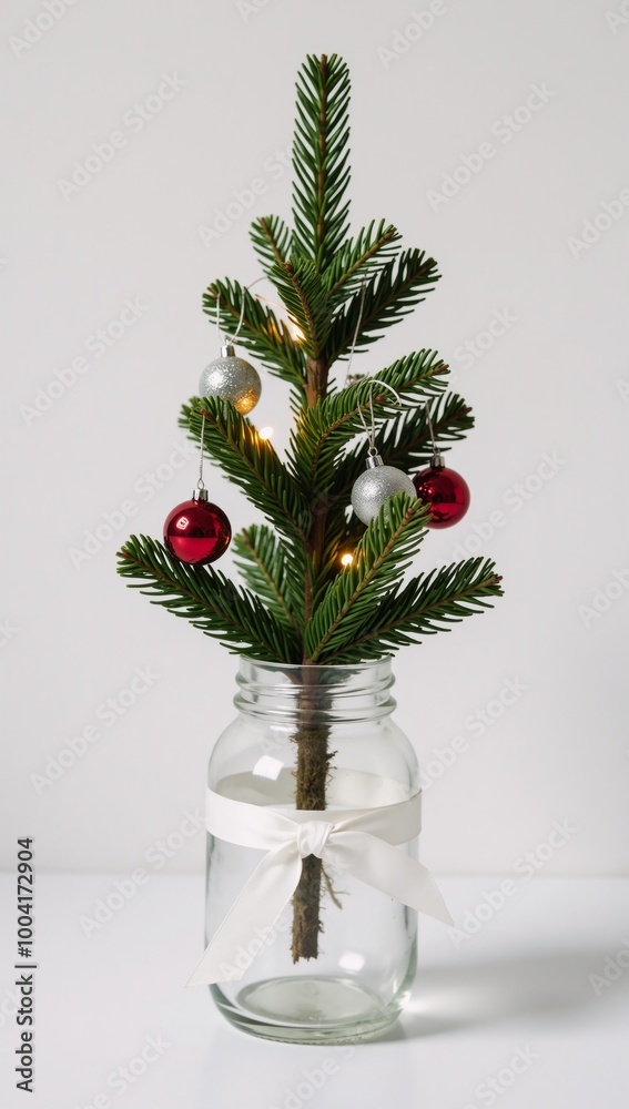 An elegant Christmas tree in a festive glass jar decoration celebrates Merry Christmas and Happy New Year An elegant Christmas tree in a festive glass jar decoration celebrates Merry Christmas and Happy New Year