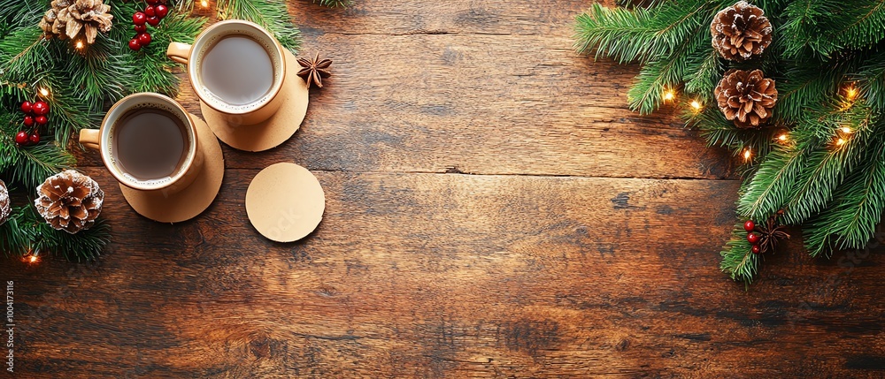 Overhead shot of a wooden table with coffee cups, round beige carton coaster, Christmas vibe, holiday ambiance