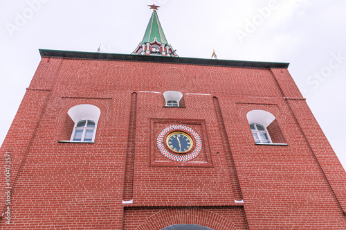 The clock on the Trinity Tower. The entrance to the Moscow Kremlin is through the gates of the Trinity Tower. The central tower of the northwestern wall of the Moscow Kremlin.