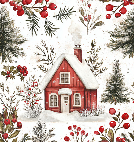 Watercolor Winter Cottage Seamless Pattern.