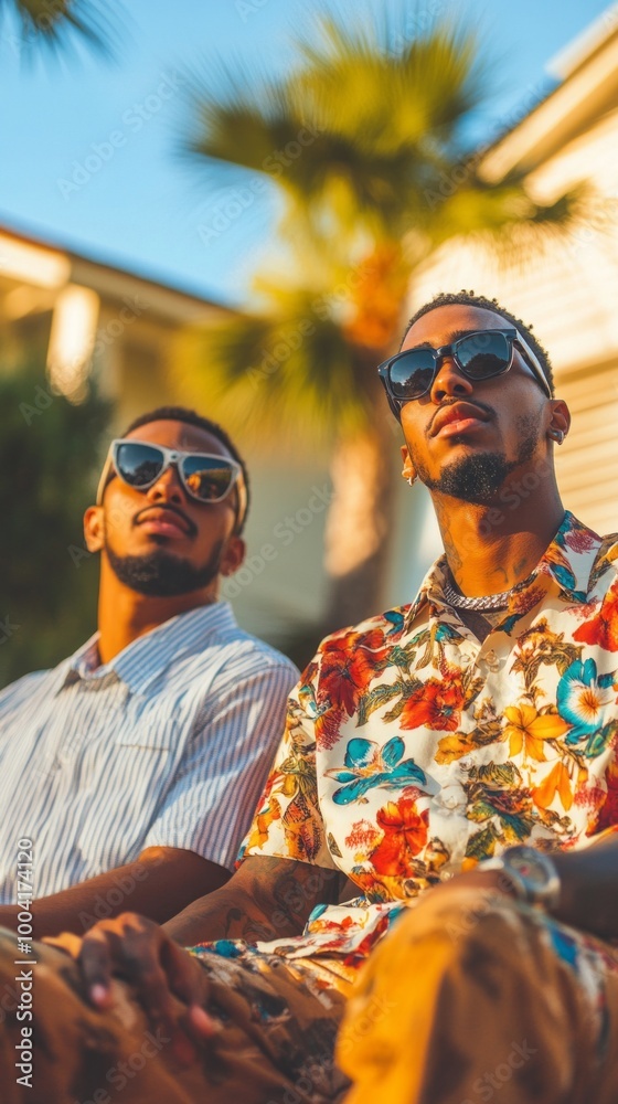 Two men are sitting on a bench, one wearing a floral shirt Two men are sitting on a bench, one wearing a floral shirt