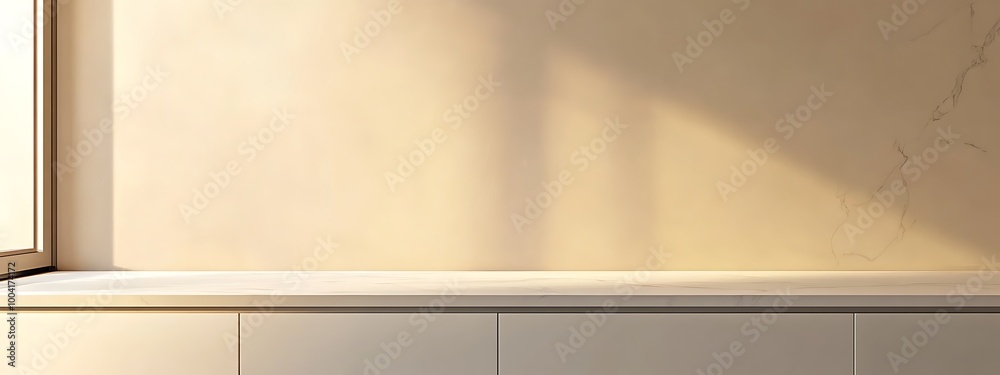 White kitchen tabletop for product presentation. Empty marble countertop. Minimalistic mockup for restaurant or beauty ad design. 