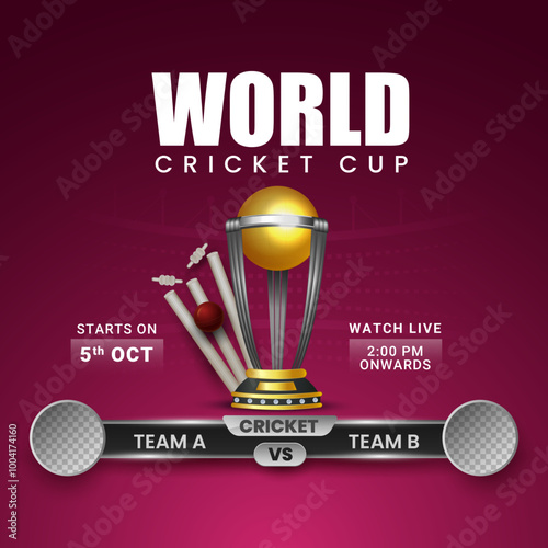 Cricket championship league two teams match poster or banner, cricket ball hitting stumps and golden trophy