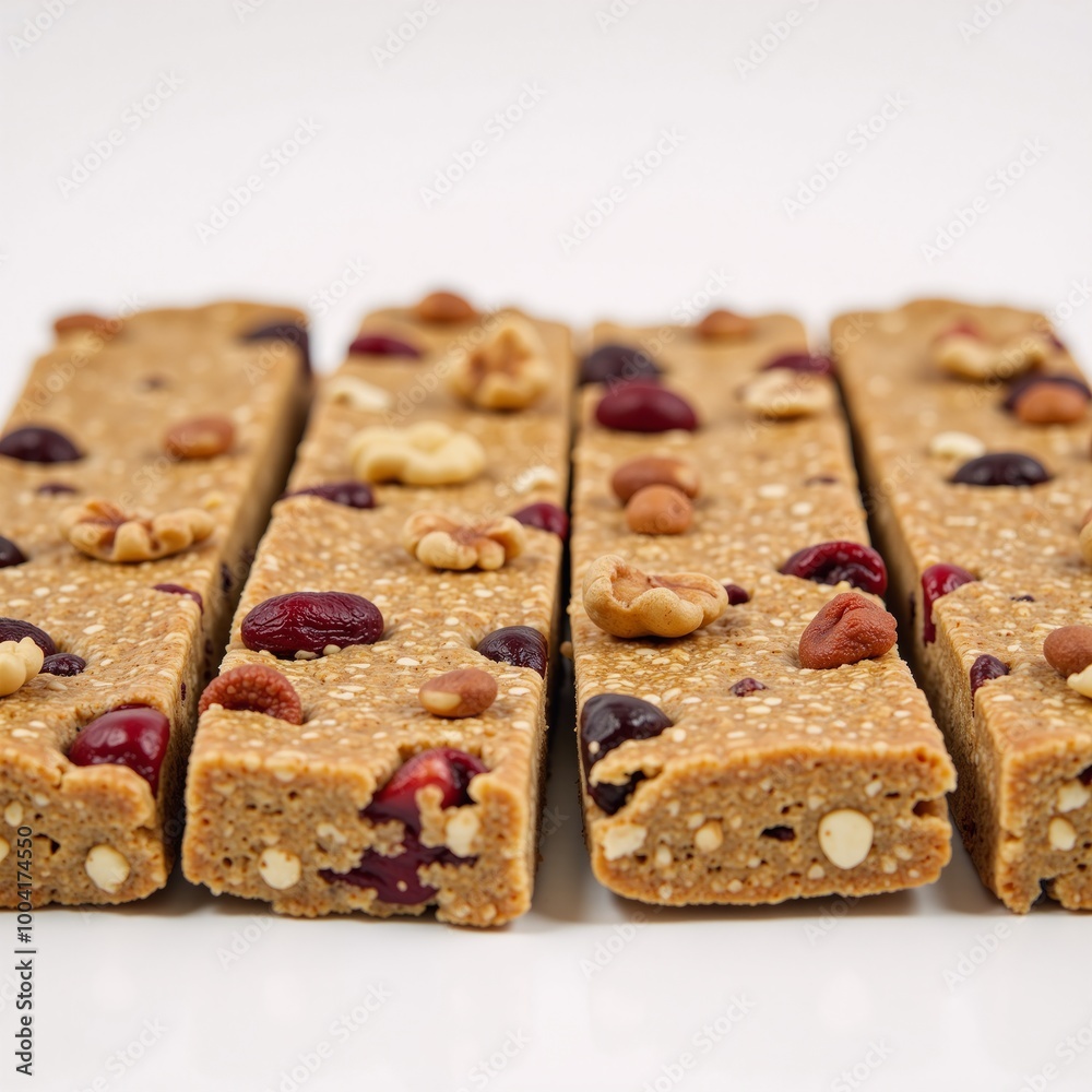 Intricate food display featuring colored rows of granola muesli bars with scatterings of nuts and dried fruit set against a stark white backdrop to highlight textures and colors
