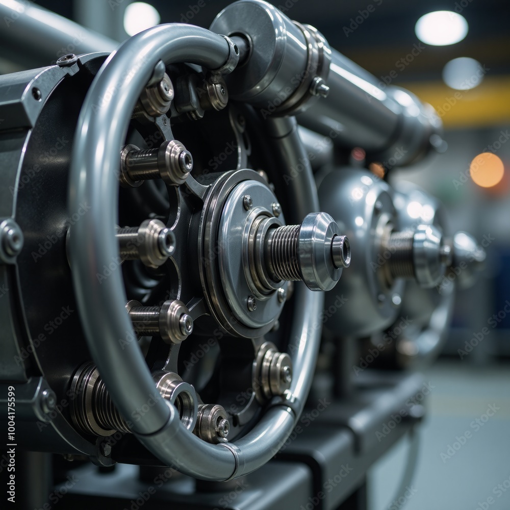 A close-up side view photo captures a highly detailed futuristic machine amidst an industrial setting with intricate gears and pipes illuminated by dynamic lighting A close-up side view photo captures a highly detailed futuristic machine amidst an industrial setting with intricate gears and pipes illuminated by dynamic lighting