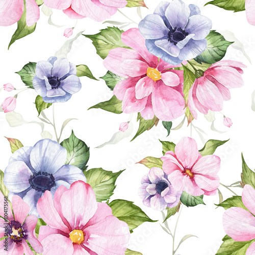Sqaure seamless pattern with blooming flowers and green leaves. Watercolor floral design for wallpapers, wrapping paper, textile and fabric