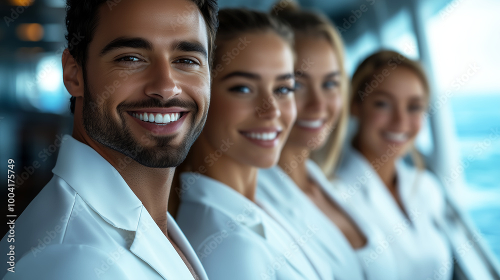 Smiling cruise ship crew members wearing white suits. Smiling cruise ship crew members wearing white suits.