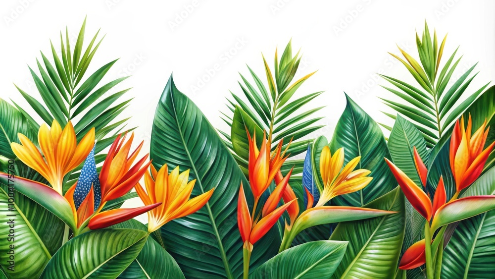 Seamless tropical border with palm leaves, heliconia, and strelitzia flowers for design projects Seamless tropical border with palm leaves, heliconia, and strelitzia flowers for design projects