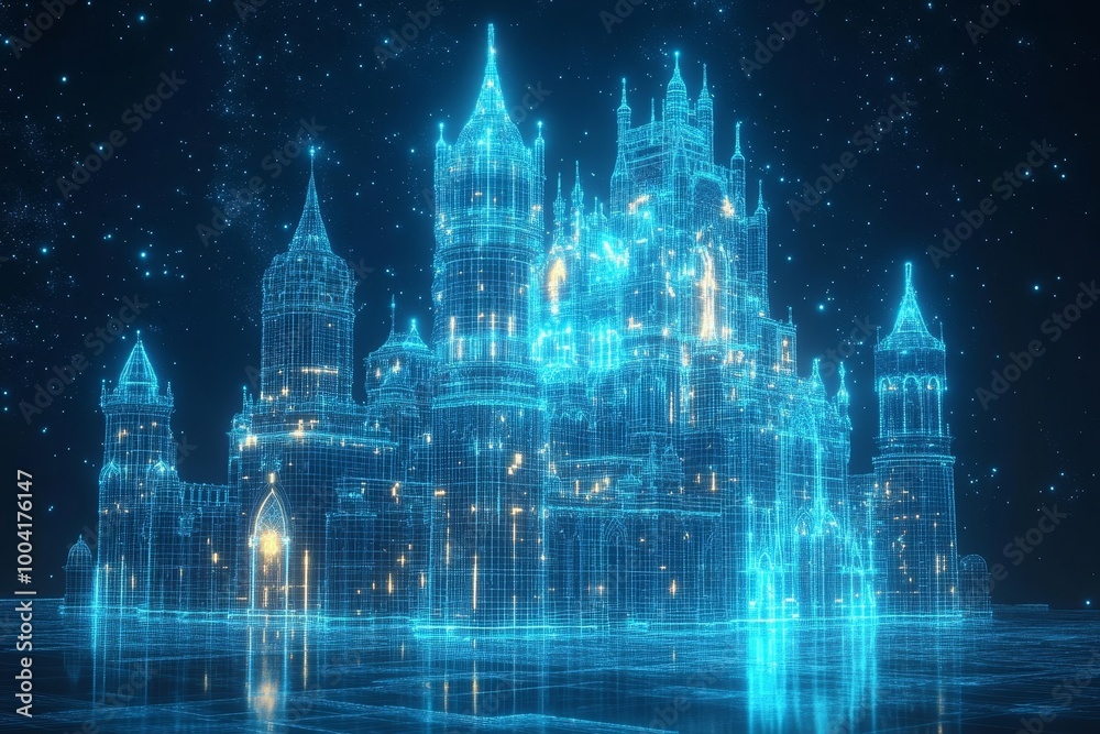 Fototapeta premium Futuristic Castle Wireframe, an illuminated architectural design showcasing intricate details and modern aesthetics in a digital realm