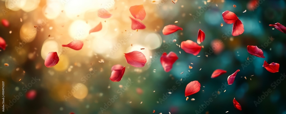 Gentle descent of vibrant red flower petals, creating a serene and tranquil atmosphere, embodying nature's delicate beauty. Gentle descent of vibrant red flower petals, creating a serene and tranquil atmosphere, embodying nature's delicate beauty.