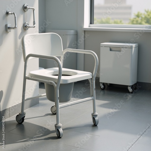 Digital illustration of a medical commode chair in a hospital setting situated on a gray floor within an aided bathroom environment Medical Center photo