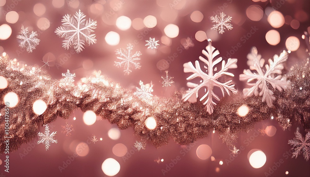 Christmas Background: A warm rose gold background with sparkling snowflakes and soft white lights intertwined.