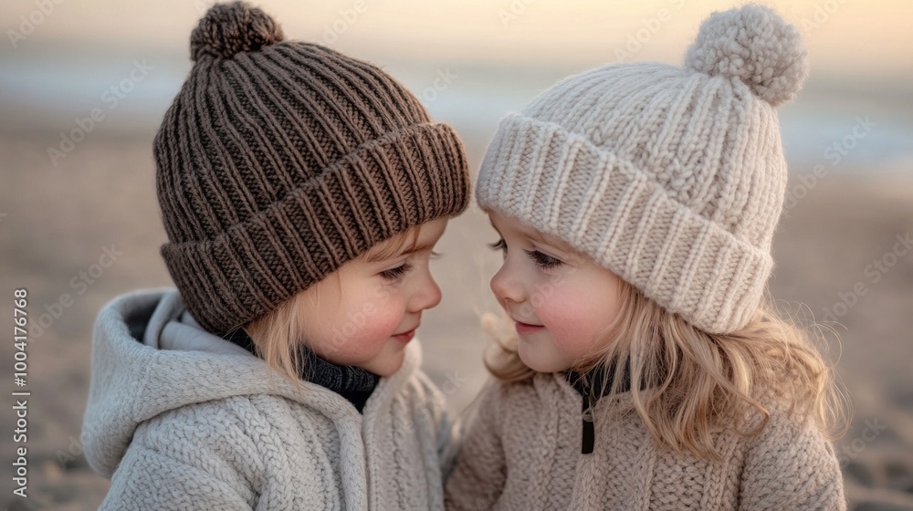 Two young children wearing hats and jackets are sitting on the beach Two young children wearing hats and jackets are sitting on the beach