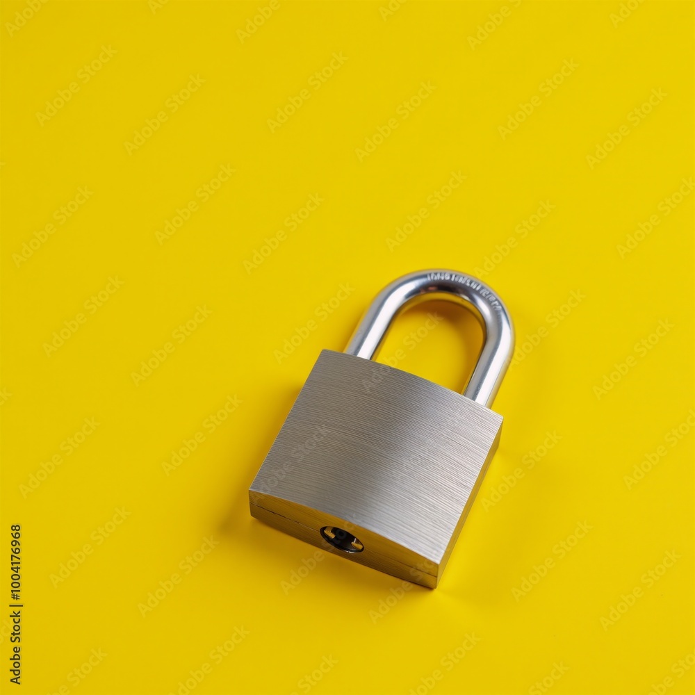 Top view of a padlock on a yellow background empty space for text Top view of a padlock on a yellow background empty space for text