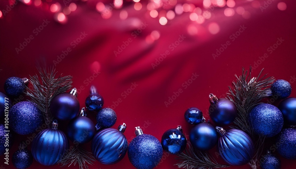 Christmas Background: A rich crimson background with deep sapphire blue ornaments and subtle twinkling lights. Christmas Background: A rich crimson background with deep sapphire blue ornaments and subtle twinkling lights.