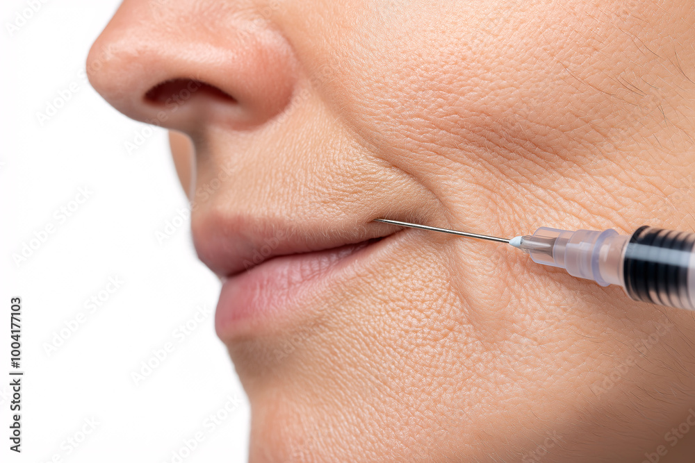 Obraz premium Close up of botox injection points on womans face, showcasing precision of procedure. image highlights needle approaching skin, emphasizing cosmetic treatments details and technique