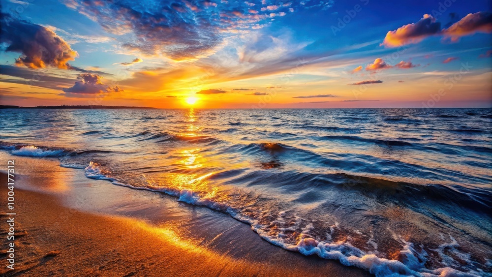 Calm sunset landscape with tidal waves on lake shore at sea surface Calm sunset landscape with tidal waves on lake shore at sea surface