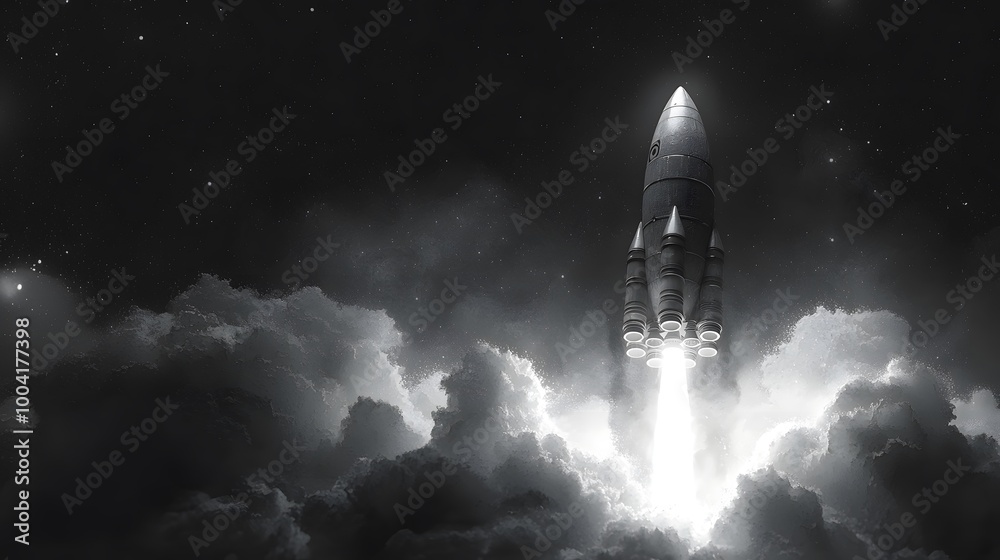 Naklejka premium 3D Rocket Ascending Through Dark Clouds Illustration