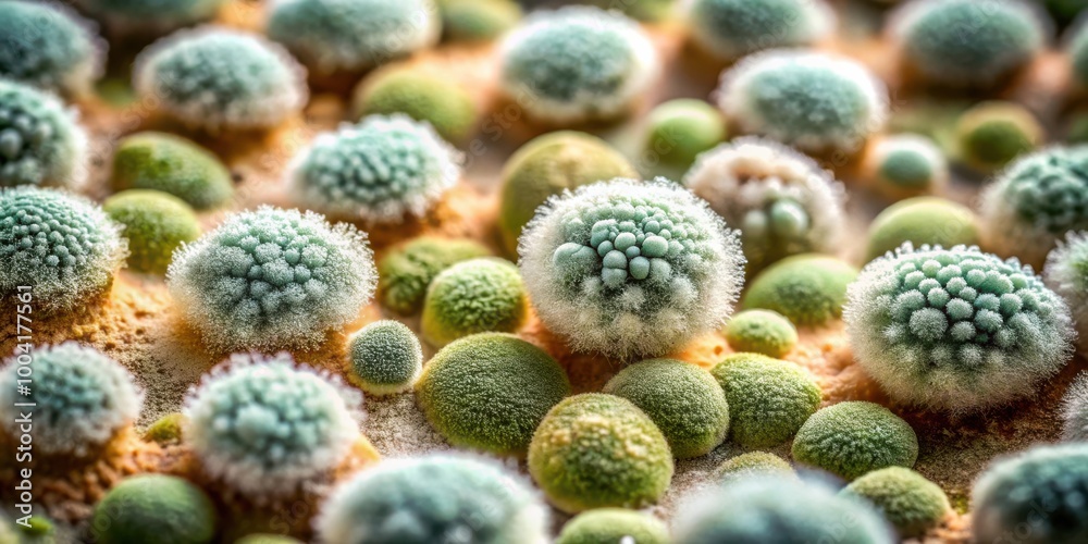 Mold spores thriving in damp environments with visible colonies, posing health risks, toxic contamination, fungi allergens causing allergies and asthma macro close-up shot Mold spores thriving in damp environments with visible colonies, posing health risks, toxic contamination, fungi allergens causing allergies and asthma macro close-up shot