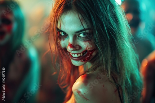 a photo of a happy woman at a halloween party dressed as a zombie