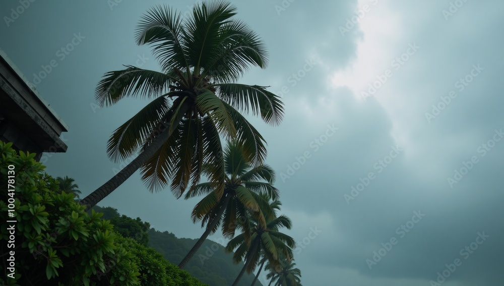 Tropical storm featuring strong winds that cause palm trees to bend ...